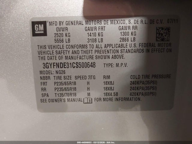 Aukcja sprzedaży 2012 Cadillac Srx Luxury Collection, vin: 3GYFNDE31CS500648, numer aukcji: 44586853