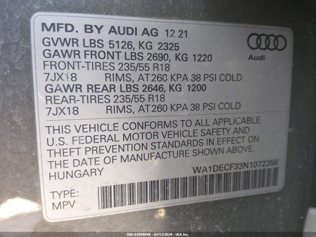 44586856 :رقم المزاد ، WA1DECF33N1072358 vin ، 2022 Audi Q3 Premium 45 Tfsi S Line Quattro Tiptronic مزاد بيع