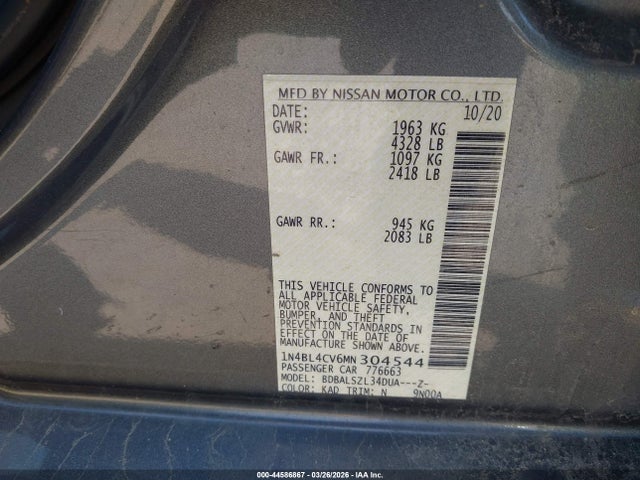 Aukcja sprzedaży 2021 Nissan Altima Sr Fwd, vin: 1N4BL4CV6MN304544, numer aukcji: 44586867