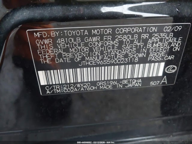 Aukcja sprzedaży 2009 Lexus Gs 350 Base (a6), vin: JTHCE96S590023118, numer aukcji: 44586892