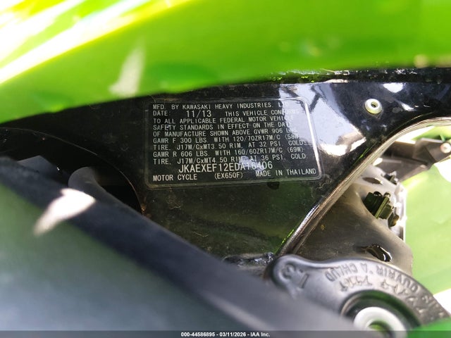 Aukcja sprzedaży 2014 Kawasaki Ex650 F, vin: JKAEXEF12EDA16406, numer aukcji: 44586895