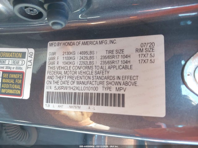 2020 Honda Cr-v 2wd Lx მანქანა იყიდება აუქციონზე, vin: 5J6RW1H2XLL010100, აუქციონის ნომერი: 44586904
