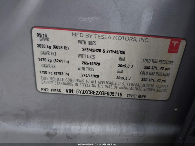 44586906 :رقم المزاد ، 5YJXCBE2XGF005116 vin ، 2016 Tesla Model X 60d/70d/75d/90d/p100d مزاد بيع