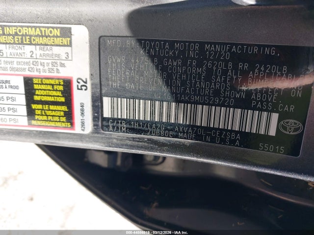 2021 Toyota Camry Se მანქანა იყიდება აუქციონზე, vin: 4T1G11AK9MU529720, აუქციონის ნომერი: 44586919
