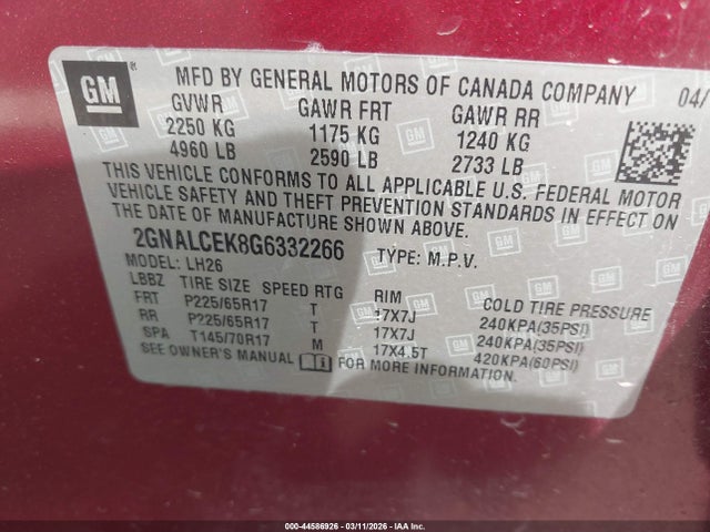 2GNALCEK8G6332266 Chevrolet EQUINOX LT