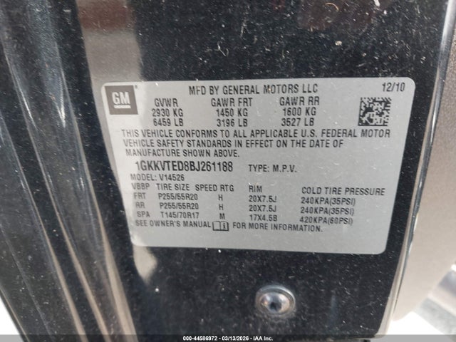 Aukcja sprzedaży 2011 Gmc Acadia Denali, vin: 1GKKVTED8BJ261188, numer aukcji: 44586972