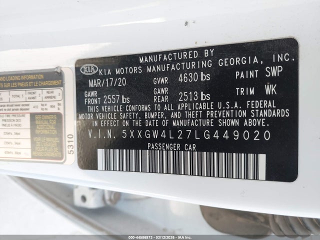 2020 Kia Optima Sx Turbo მანქანა იყიდება აუქციონზე, vin: 5XXGW4L27LG449020, აუქციონის ნომერი: 44586973