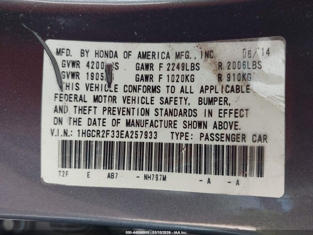 1HGCR2F33EA257933 Honda ACCORD LX