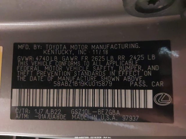 44587009 :رقم المزاد ، 58ABZ1B19KU015879 vin ، 2019 Lexus Es 350 Luxury مزاد بيع