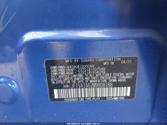 Aukcja sprzedaży 2021 Subaru Wrx, vin: JF1VA1A62M9808188, numer aukcji: 44587019