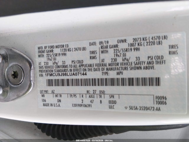 Aukcja sprzedaży 2020 Ford Escape Titanium, vin: 1FMCU9J98LUA07144, numer aukcji: 44587028