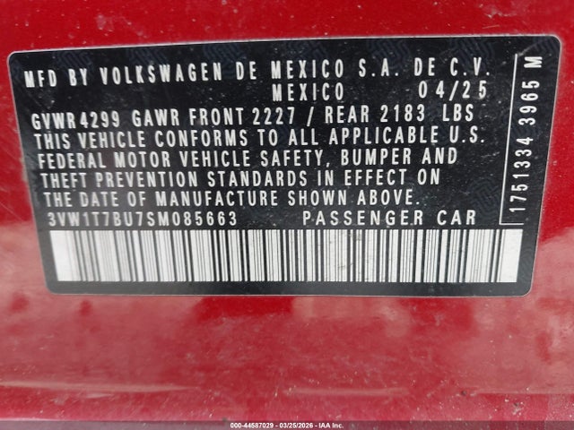 Aukcja sprzedaży 2025 Volkswagen Jetta Gli 2.0t Autobahn, vin: 3VW1T7BU7SM085663, numer aukcji: 44587029