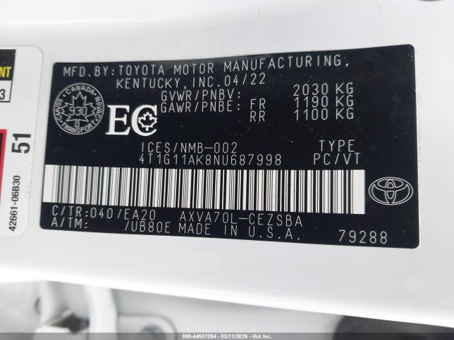 Aukcja sprzedaży 2022 Toyota Camry Se, vin: 4T1G11AK8NU687998, numer aukcji: 44587054