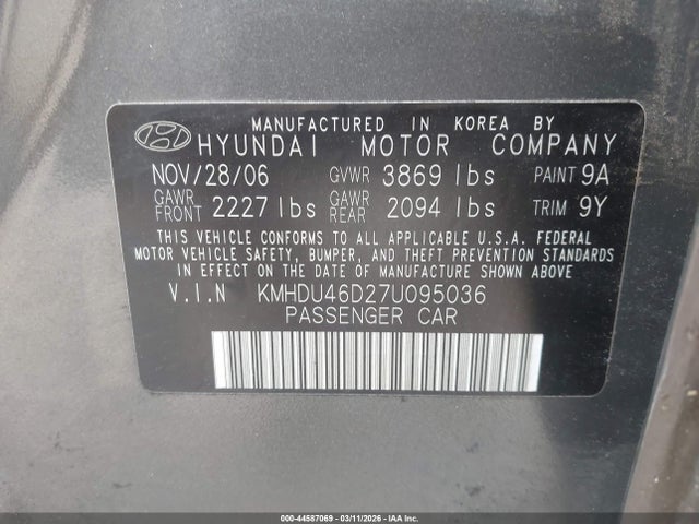 Aukcja sprzedaży 2007 Hyundai Elantra Gls/limited/se, vin: KMHDU46D27U095036, numer aukcji: 44587069