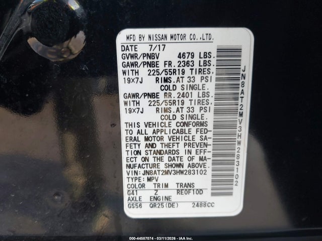 JN8AT2MV3HW283102 Nissan Rogue Sl