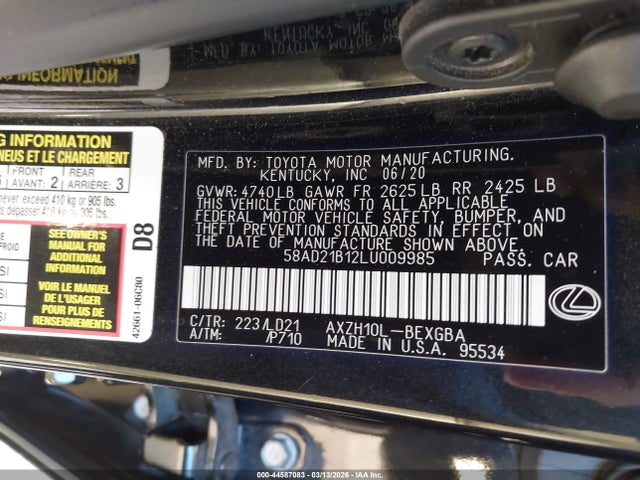44587083 :رقم المزاد ، 58AD21B12LU009985 vin ، 2020 Lexus Es 300h مزاد بيع