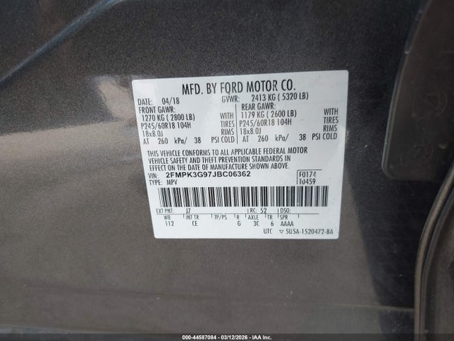 44587084 :رقم المزاد ، 2FMPK3G97JBC06362 vin ، 2018 Ford Edge Se مزاد بيع