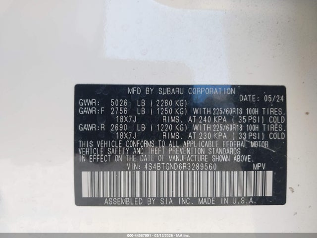 44587091 :رقم المزاد ، 4S4BTGND6R3289560 vin ، 2024 Subaru Outback Limited Xt مزاد بيع