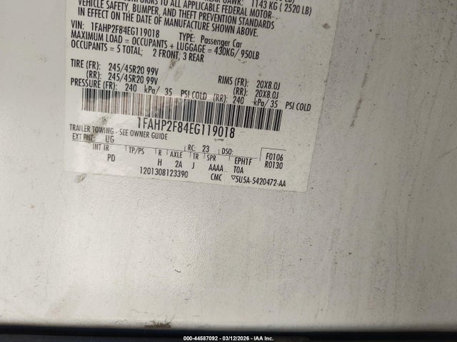 2014 Ford Taurus Limited მანქანა იყიდება აუქციონზე, vin: 1FAHP2F84EG119018, აუქციონის ნომერი: 44587092