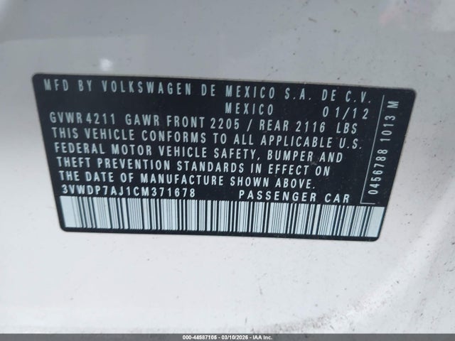 2012 Volkswagen Jetta 2.5l Se მანქანა იყიდება აუქციონზე, vin: 3VWDP7AJ1CM371678, აუქციონის ნომერი: 44587105