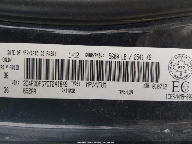 Продажа на аукционе авто 2012 Dodge Journey R/t, vin: 3C4PDDFG7CT241849, номер лота: 44587150