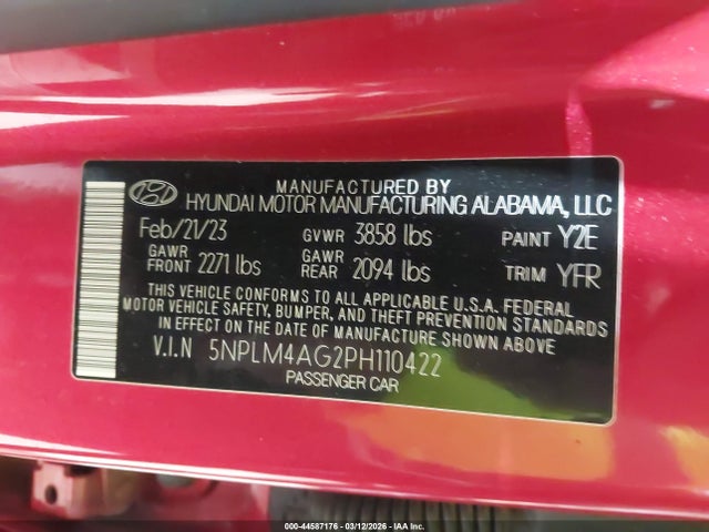 44587176 :رقم المزاد ، 5NPLM4AG2PH110422 vin ، 2023 Hyundai Elantra Sel مزاد بيع