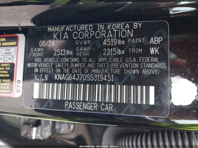 44587236 :رقم المزاد ، KNAG64J70S5319451 vin ، 2025 Kia K5 Gt-line مزاد بيع