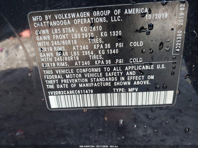 Продажа на аукционе авто 2019 Volkswagen Atlas 3.6l V6 Se, vin: 1V2DR2CA8KC611479, номер лота: 44587254