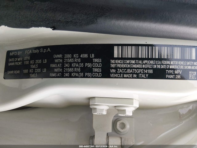 2016 Jeep Renegade Sport მანქანა იყიდება აუქციონზე, vin: ZACCJBAT5GPE14166, აუქციონის ნომერი: 44587260