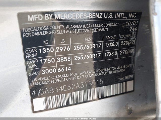 44587284 :رقم المزاد ، 4JGAB54E62A313015 vin ، 2002 Mercedes-benz Ml 320 مزاد بيع