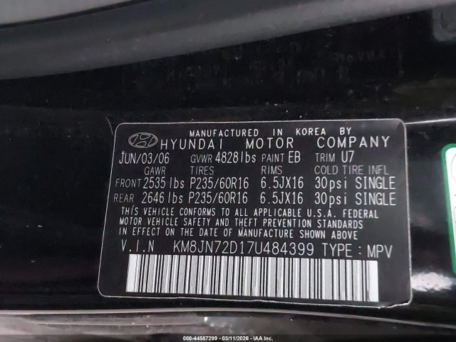 2007 HYUNDAI TUCSON KM8JN72D17U484399 Photo 8