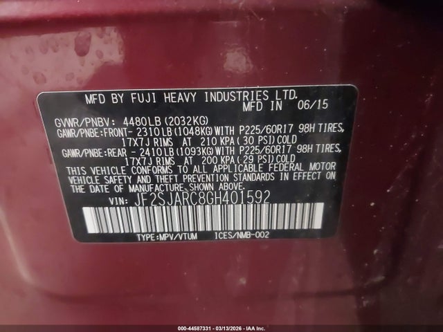 44587331 :رقم المزاد ، JF2SJARC8GH401592 vin ، 2016 Subaru Forester 2.5i Limited مزاد بيع