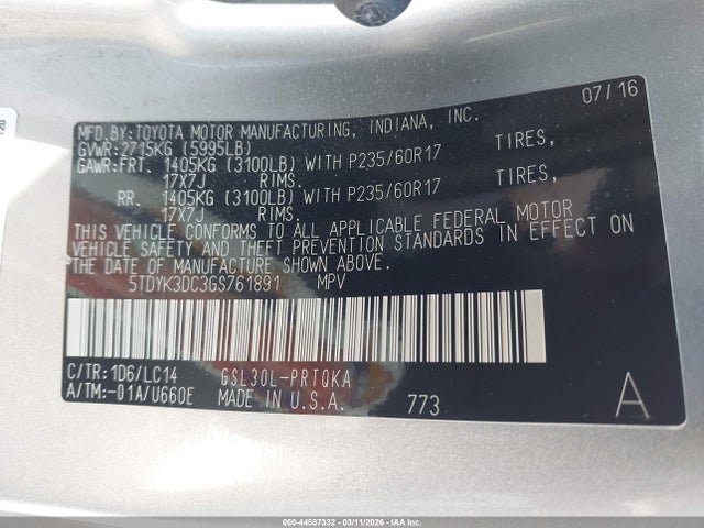 5TDYK3DC3GS761891 Toyota Sienna Xle Premium 8 Passenger