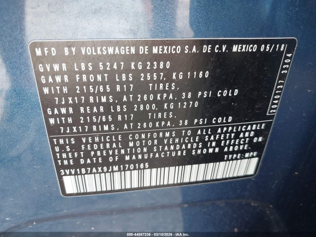 Продажа на аукционе авто 2018 Volkswagen Tiguan 2.0t S, vin: 3VV1B7AX9JM170165, номер лота: 44587336