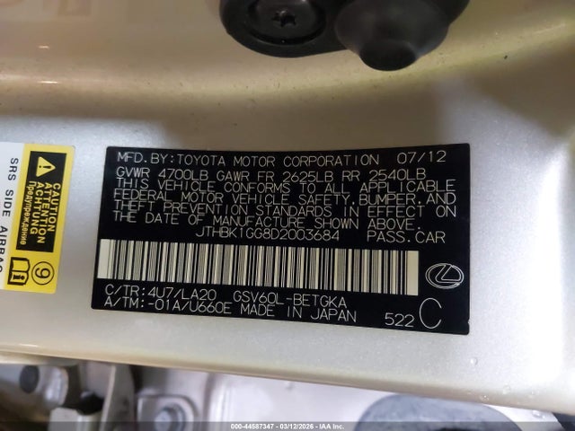 44587347 :رقم المزاد ، JTHBK1GG8D2003684 vin ، 2013 Lexus Es 350 مزاد بيع