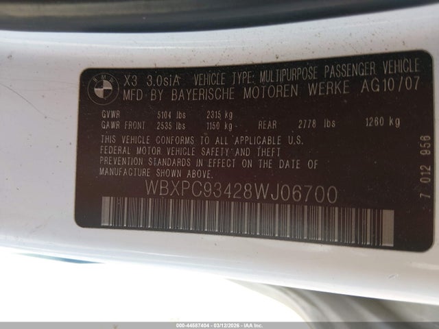 Продаж на аукціоні авто 2008 Bmw X3 3.0si, vin: WBXPC93428WJ06700, номер лоту: 44587404