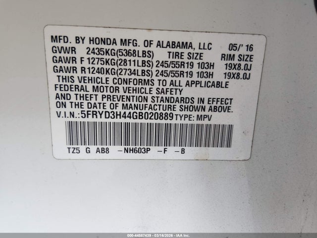 Продаж на аукціоні авто 2016 Acura Mdx, vin: 5FRYD3H44GB020889, номер лоту: 44587439