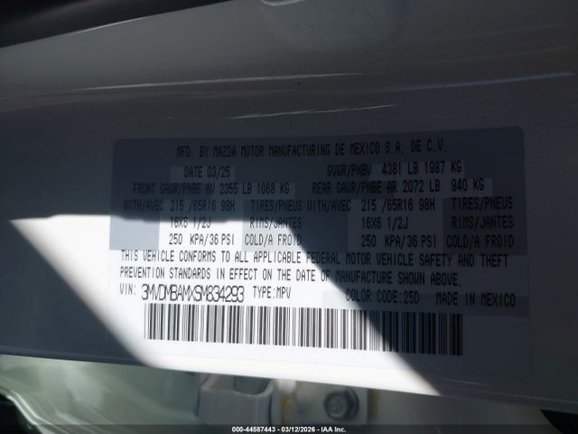 44587443 :رقم المزاد ، 3MVDMBAMXSM834293 vin ، 2025 Mazda Cx-30 2.5 S مزاد بيع
