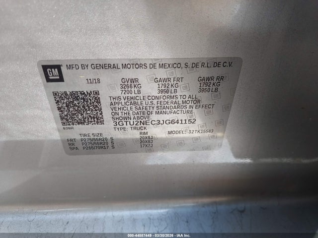 44587449 :رقم المزاد ، 3GTU2NEC3JG641152 vin ، 2018 Gmc Sierra 1500 Slt مزاد بيع