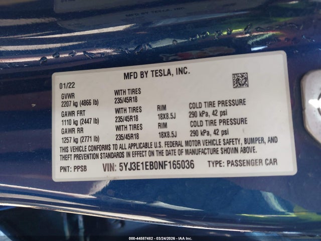 44587482 :رقم المزاد ، 5YJ3E1EB0NF165036 vin ، 2022 Tesla Model 3 Long Range Dual Motor All-wheel Drive مزاد بيع