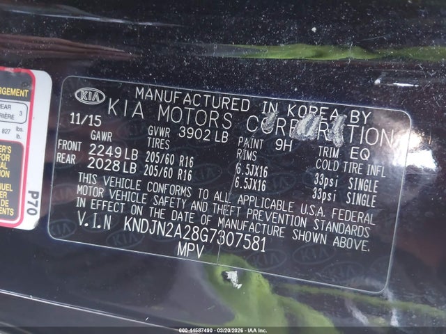 44587490 :رقم المزاد ، KNDJN2A28G7307581 vin ، 2016 Kia Soul مزاد بيع