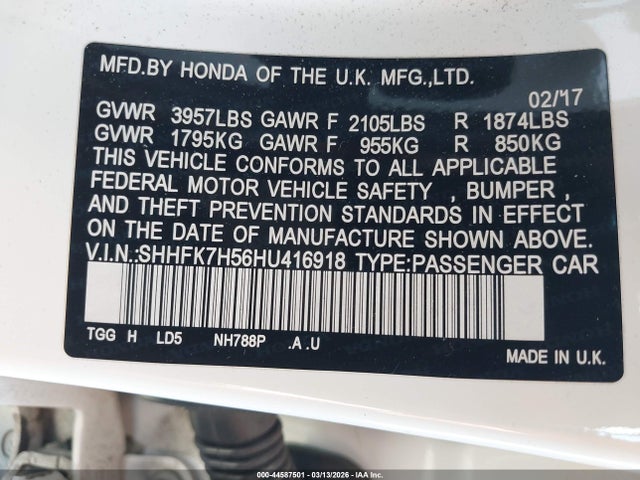 SHHFK7H56HU416918 Honda CIVIC EX