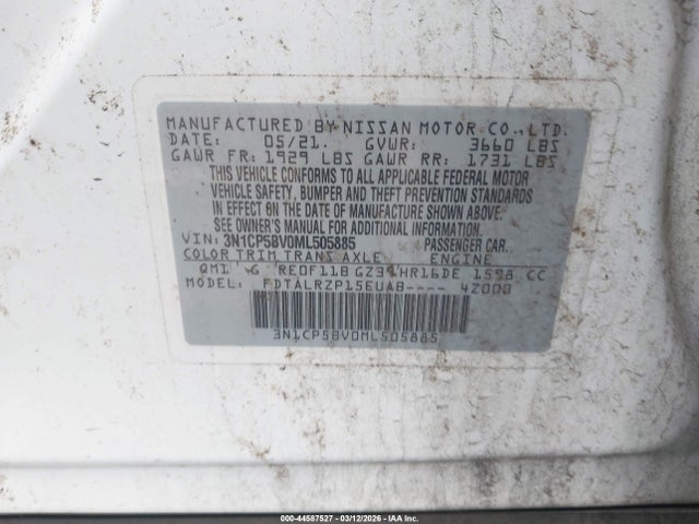 Aukcja sprzedaży 2021 Nissan Kicks S Xtronic Cvt, vin: 3N1CP5BV0ML505885, numer aukcji: 44587527