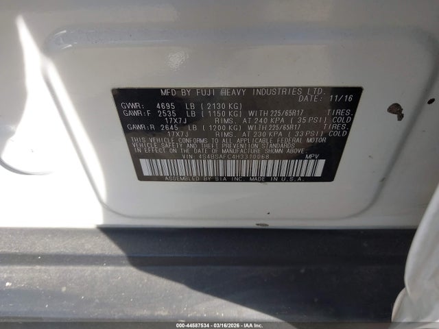 Aukcja sprzedaży 2017 Subaru Outback 2.5i Premium, vin: 4S4BSAFC4H3310068, numer aukcji: 44587534