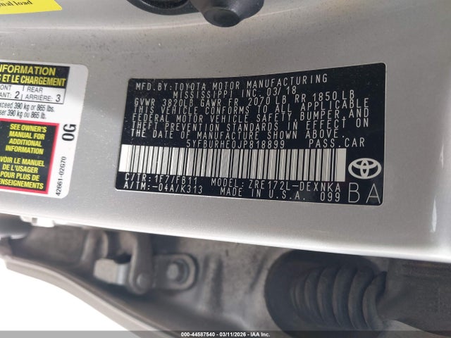Toyota COROLLA LE 2018 5YFBURHE0JP818899 Image 9