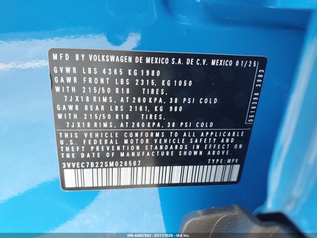 44587543 :رقم المزاد ، 3VVEC7B22SM026587 vin ، 2025 Volkswagen Taos 1.5t Se مزاد بيع