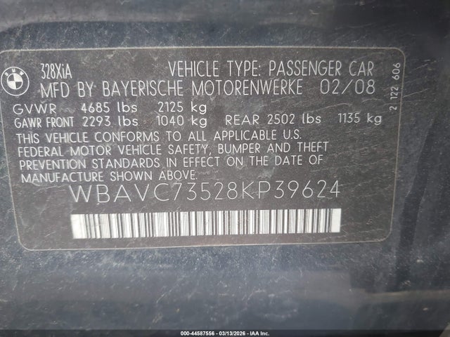 44587556 :رقم المزاد ، WBAVC73528KP39624 vin ، 2008 Bmw 328xi مزاد بيع