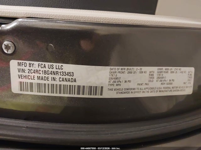 Продажа на аукционе авто 2022 Chrysler Pacifica Touring L, vin: 2C4RC1BG4NR133453, номер лота: 44587558