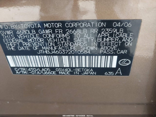 2007 Lexus Es 350 მანქანა იყიდება აუქციონზე, vin: JTHBJ46G372010584, აუქციონის ნომერი: 44587568