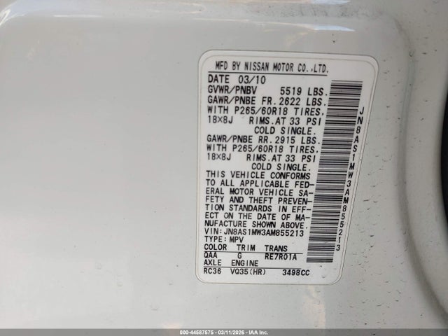 Продаж на аукціоні авто 2010 Infiniti Fx35, vin: JN8AS1MW3AM855213, номер лоту: 44587575
